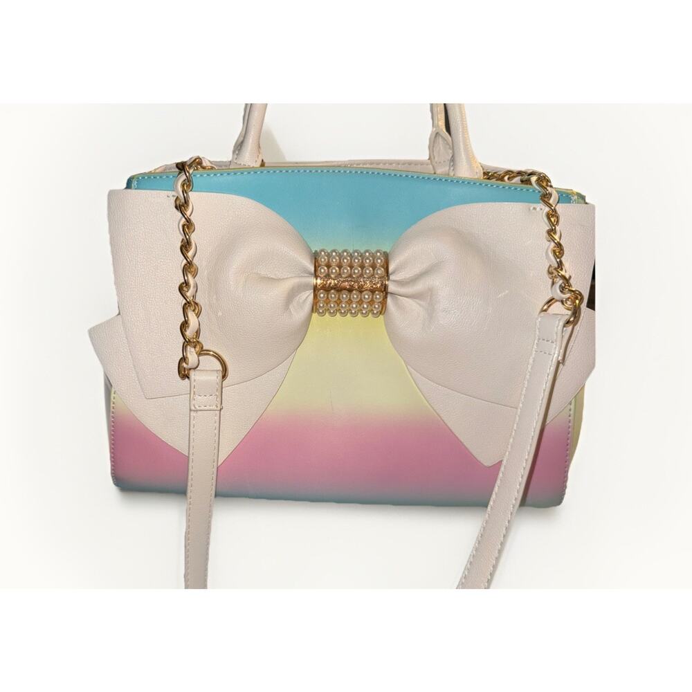 Betsy Johnson Bow Satchel Bag – CLEAN – Pastel Rainbow Ombré – Pearl Detail - Picture 3 of 15